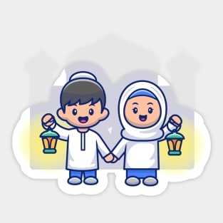 Cute moslem girl and boy holding lantern Sticker